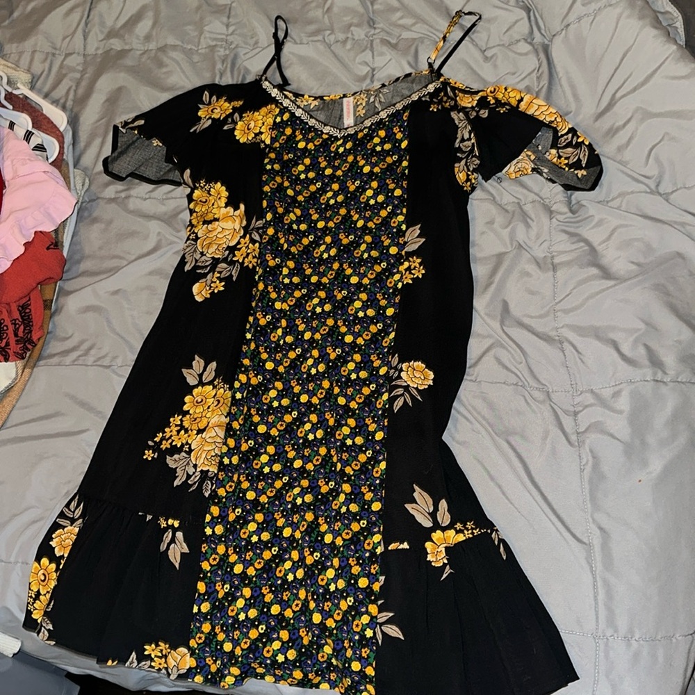 Yellow and black floral dress with adjustable straps